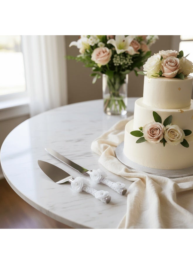 AKDC Wedding Cake Knife & Spatula Server Set – Stainless Steel, White Handle - Image 2